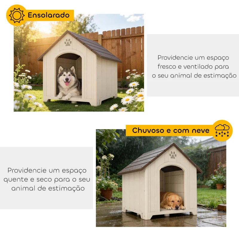 PawHut Casota para Cães de Exterior Casa para Cães Grandes de Plástico com 2 Janelas Base Elevada Estacas Bege