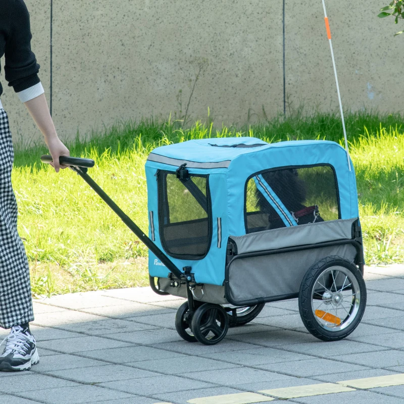PawHut Reboque de Bicicleta para Cães 2 em 1 Carrinho para Animais de Estimação com Cinto de Segurança Guiador de Empurre Removível Bandeira e Refletores Carga Máxima 10kg 129x55,5x92cm Azul