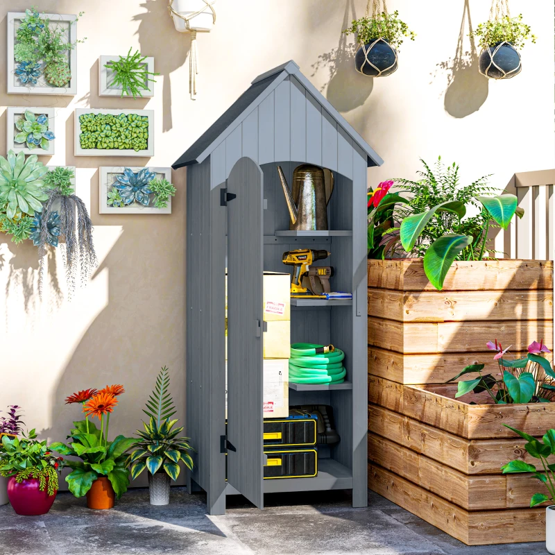 Outsunny Wooden Garden Storage Shed with 3 Shelves, Outdoor Tool Storage Cabinet with Tilt Roof and Lockable Door, 77.5 x 54.2 x 179.5 cm, Grey