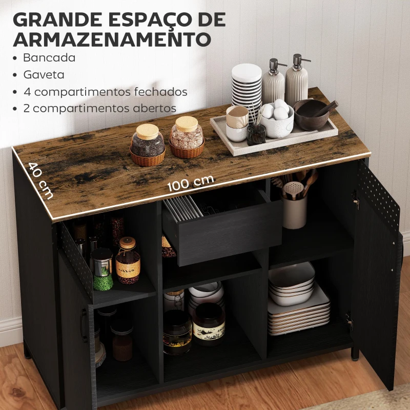 HOMCOM Aparador de 2 Portas com Orifícios 2 Compartimentos e Gaveta Prateleiras Ajustáveis 100x40x80 cm Preto e Castanho Rústico