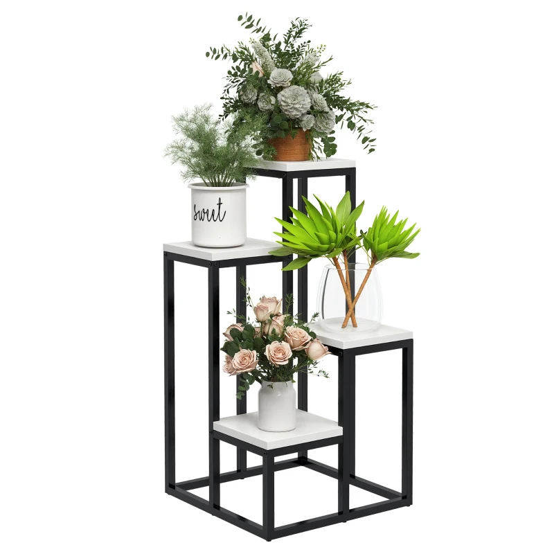 Outsunny Bloemenrek, 4 niveaus, voor binnen en buiten, metalen frame, 34L x 34B x 70H cm, zwart+wit