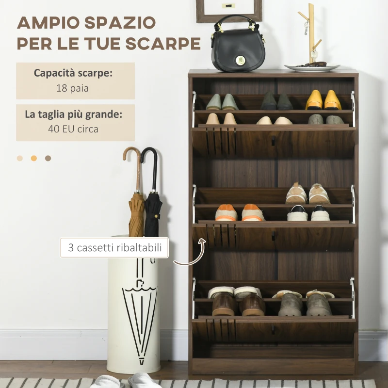 HOMCOM Mobile Scarpiera a 3 Livelli con Ripiani Regolabili per 18 Paia max, in Truciolato, 63x24x117 cm