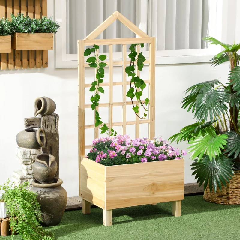 Outsunny Garden Planters with Trellis for Vine Climbing, Distressed Wooden Raised Beds, 90x43x150cm, Natural Tone