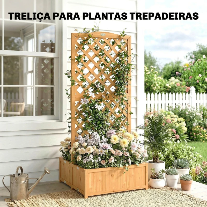 Outsunny Floreira com Treliça de Madeira com 2 Caixas Dobráveis Base de Ripas Vaso Elevado 73x70x170 cm Madeira
