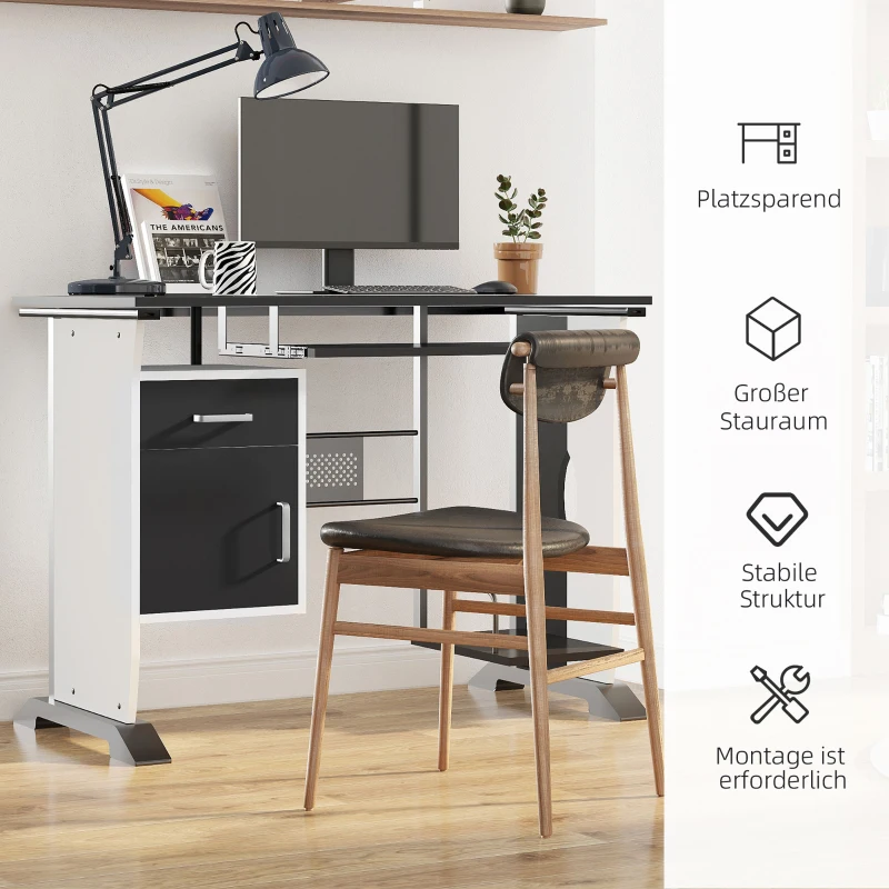 HOMCOM Computerbureau bureau met antislip schuiflades zwart + wit + zilver