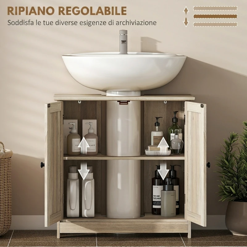 HOMCOM Mobile sottolavabo con 2 ante e ripiano regolabile 60x30x60 cm, grigio effetto legno