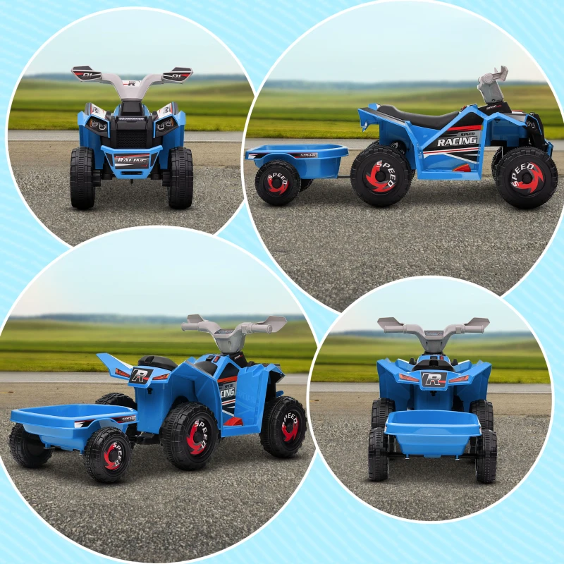HOMCOM Quadriciclo Elétrico para Crianças com Reboque Bateria 6V de 18-36 Meses com Velocidade 2,5 km/h 106x41,5x48,5 cm Azul