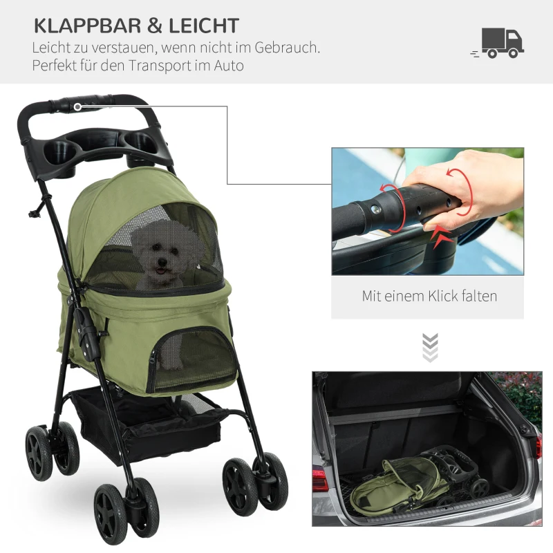 PawHut Hondenbuggy, Opvouwbaar, 2 Veiligheidslijnen, 2 Bekerhouders, 67 x 45 x 96 cm, Khaki