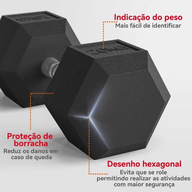 HOMCOM Haltere Hexagonal 20 kg de Ferro Fundido Pesos de Metal Revestidos de Borracha para Treino em Casa Ginásio 35,6x16,6x16,6 cm Preto