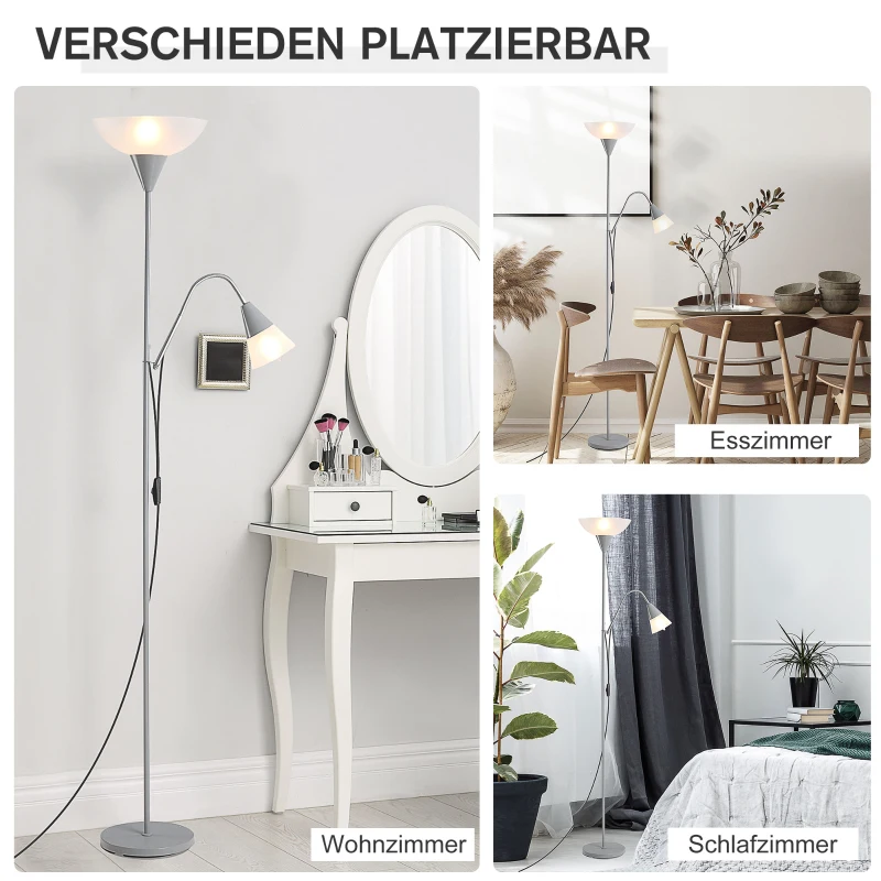 HOMCOM moderne staande lamp 2 koppen verstelbare leeslamp, vloerlamp, ontwerp met dubbele kop en stalen voet, zilver, wit, 28 x 28 x 179,5 cm