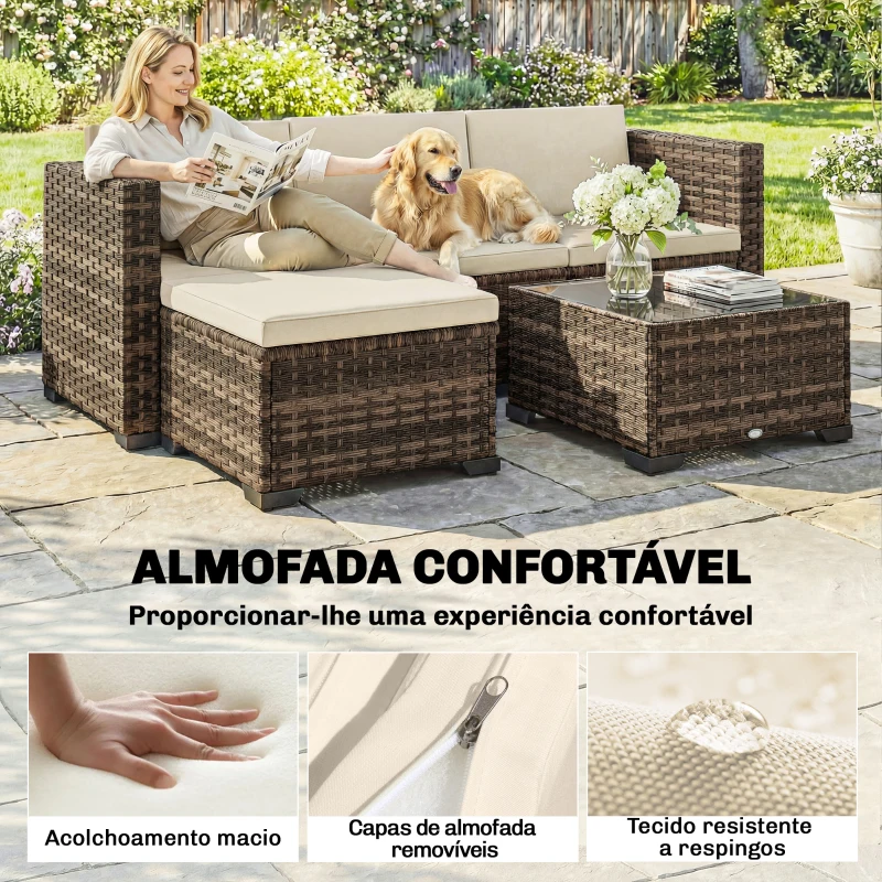 Outsunny Conjunto de Jardim em Vime de 5 Peças Inclui Almofadas 2 Poltronas de Canto Poltrona sem Braços Apoia-Pés e Mesa de Centro Cáqui