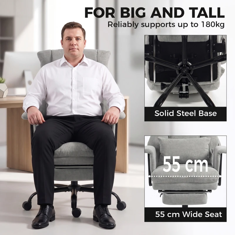 HOMCOM Office Chair, 180kg Heavy Duty Linen Computer Desk Chair with Lumbar Support, Wide Seat, Spring Cushion, Grey