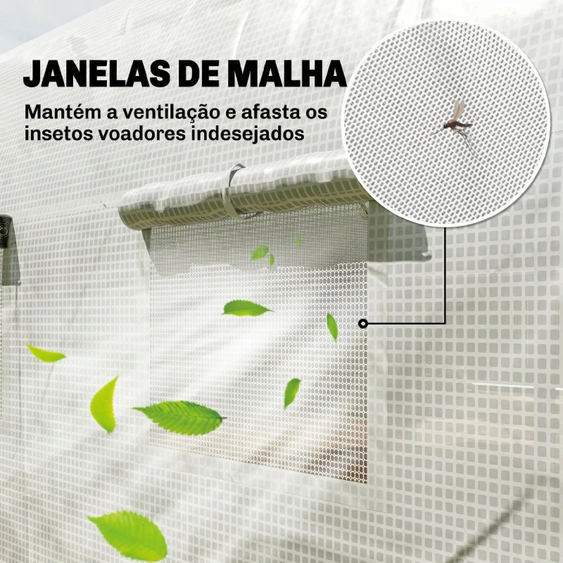 Outsunny Estufa Tipo Túnel 395x300x200 cm com Porta de Malha e 8 Janelas Estufa de Jardim com Cobertura de PE Branco