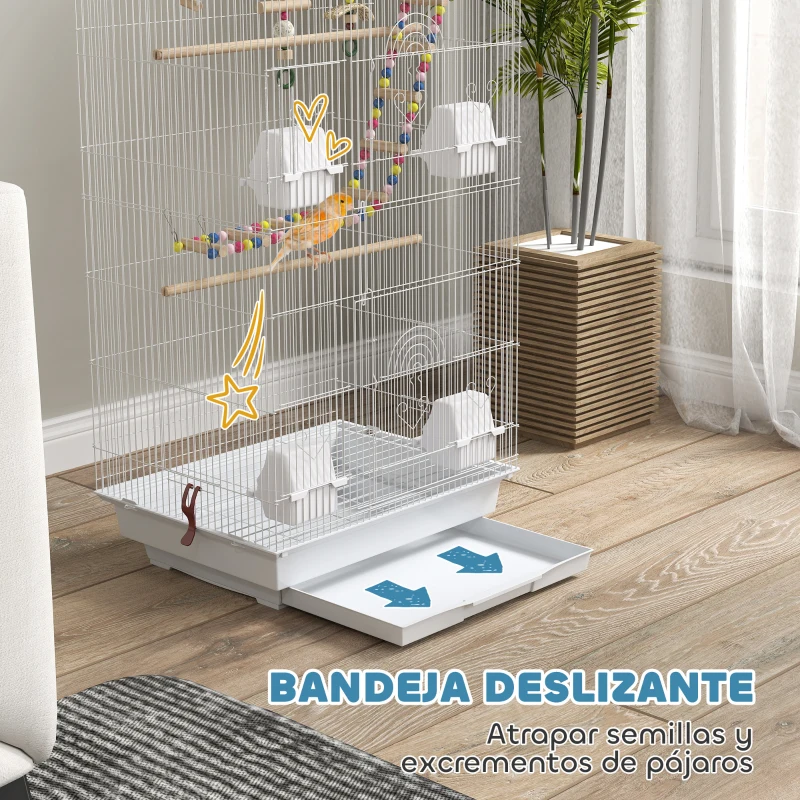 PawHut Pajarera con Múltiples Puertas 4 Comederos 3 Perchas Columpio Escaleras y Bandeja Extraíble 46x36x100 cm Blanco