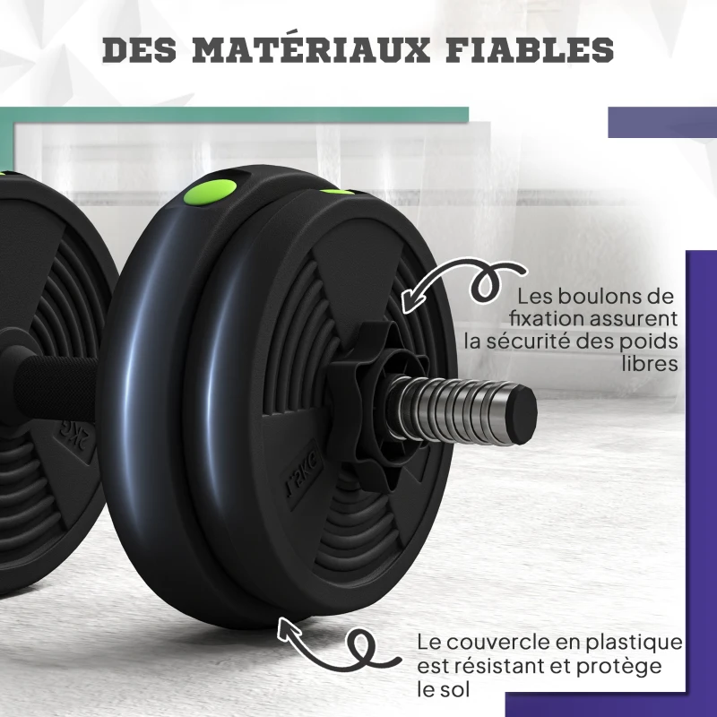 SPORTNOW Haltères 2 en 1 réglables, haltères libres avec poignées antidérapantes, 15 kg - barres incluses noir et vert