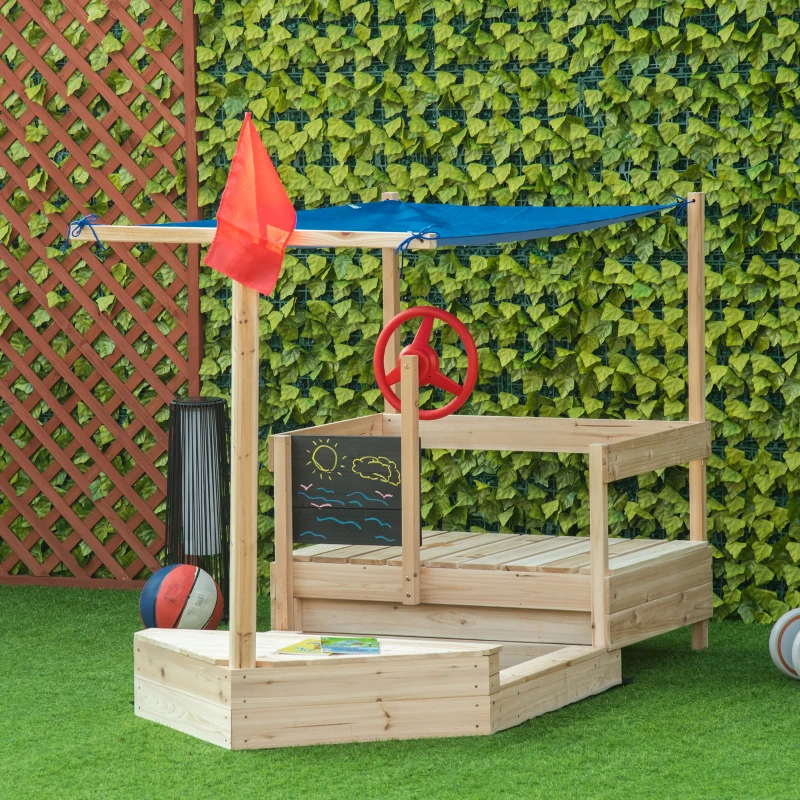 Outsunny Caixa de Areia Infantil de Madeira Desenho de Barco a Vela Toldo Quadro Negro bandeira Vermelha e Volante Caixa de Areia de Jardim para Crianças acima de 3 Anos 180x91,5x144cm Natural