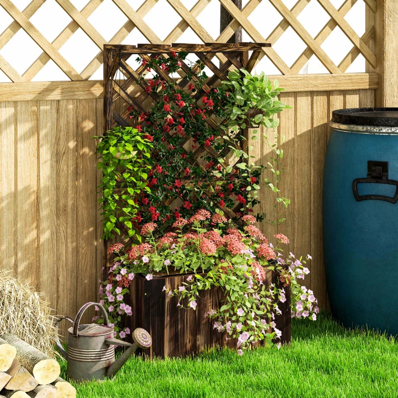 Outsunny Plantenbak met spaljé, houten bloembak, tuinspaljé 64 x 33 x 122 cm Verkoold
