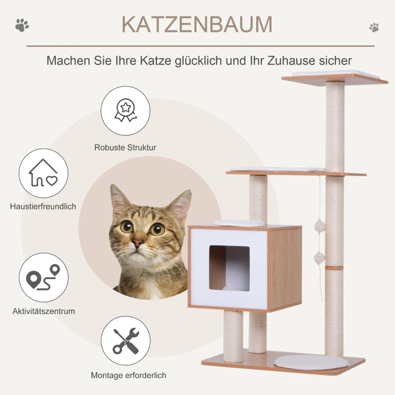 PawHut Kattenkrabboom kattenspeelgoed klimboom Sisal ligvlak natuur met bal