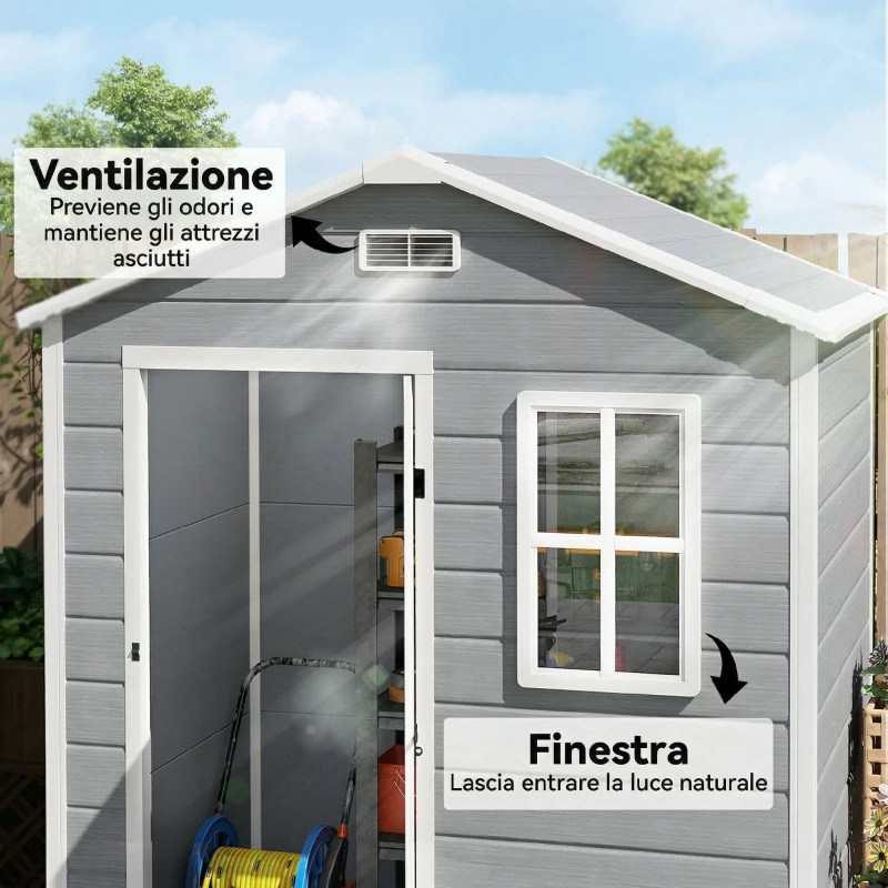 Outsunny Capanno da Giardino, Capanno in Plastica con Pavimento, Finestra, Porta con Serratura e Prese d'Aria, Grigio