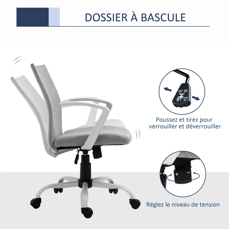 Vinsetto Chaise bureau fauteuil de bureau chaise ergonomique avec hauteur réglable, fonction à bascule, siège de bureau à roulettes pivotantes, charge 120 Kg, 61 x 61 x 99 cm gris clair et blanc