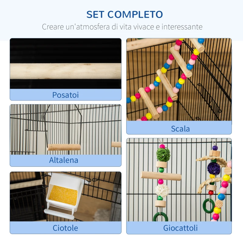 PawHut Gabbia per Uccelli con Scaletta, Altalena, Ciotole e Giochi, in Acciaio, PP e Legno, 46x36x100 cm, Nera