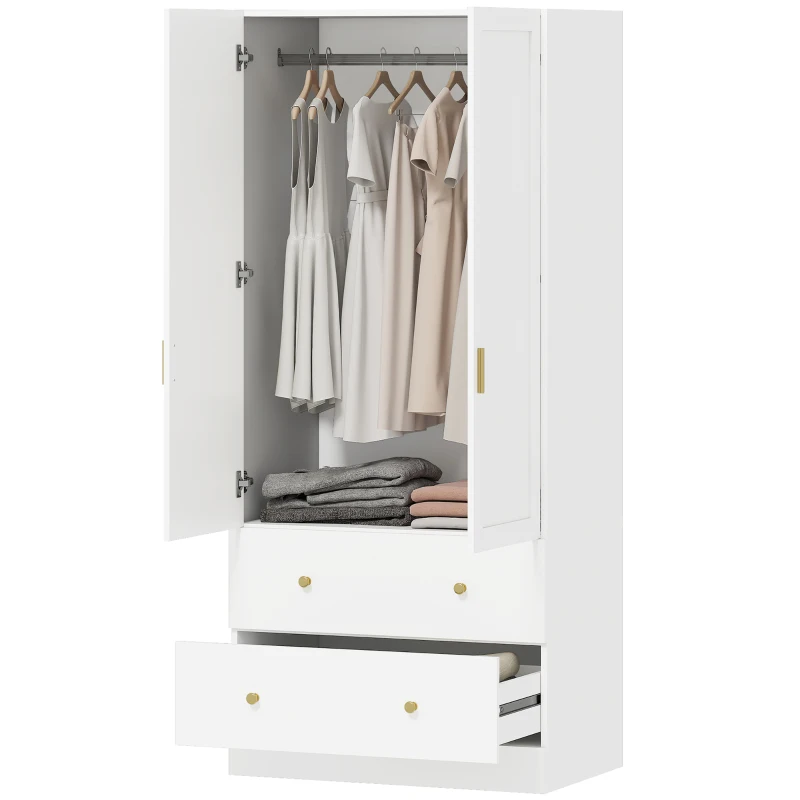 HOMCOM Roupeiro com  2 Portas e 2 Gavetas Armário Roupeiro com Espelho Barra para Pendurar Estilo Moderno 80x50x180 cm Branco