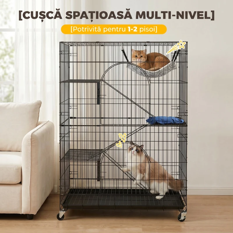 PawHut Cușcă pentru Pisici pe 4 Nivele, Cușcă Mare din Metal cu Roți, Negru