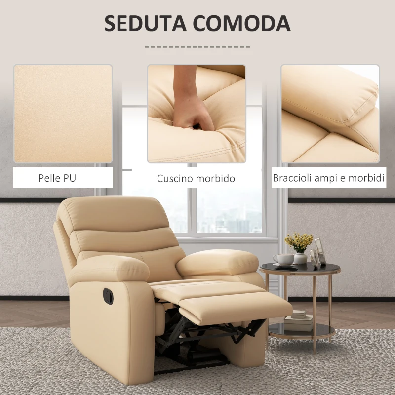 HOMCOM Poltrona Relax Reclinabile con Poggiapiedi in Finta Pelle e Imbottitura in Spugna, 78x90x105cm, Beige