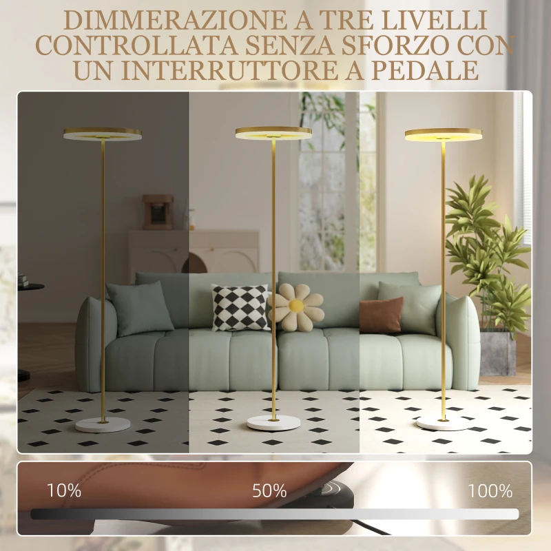 HOMCOM Lampada da Terra Moderna con Luce Dimmerabile con Interruttore a Pedale e 3 Luminosità, Oro