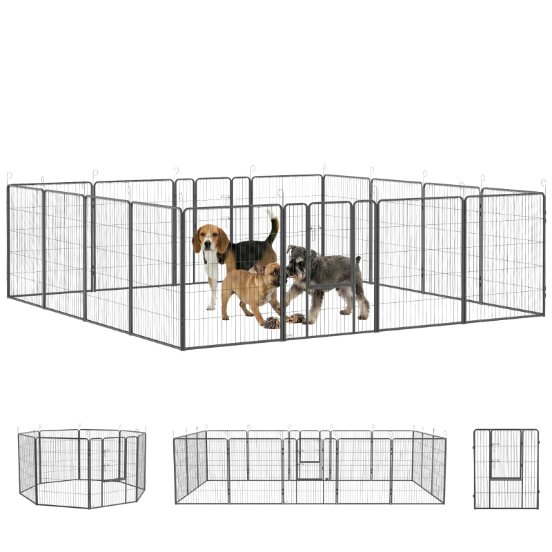 PawHut Welpenauslauf, modulares Design, 16 Elemente, 2 Türen, wetterfest, Stahl, 3,2 x 3,2 x 1 m, grau
