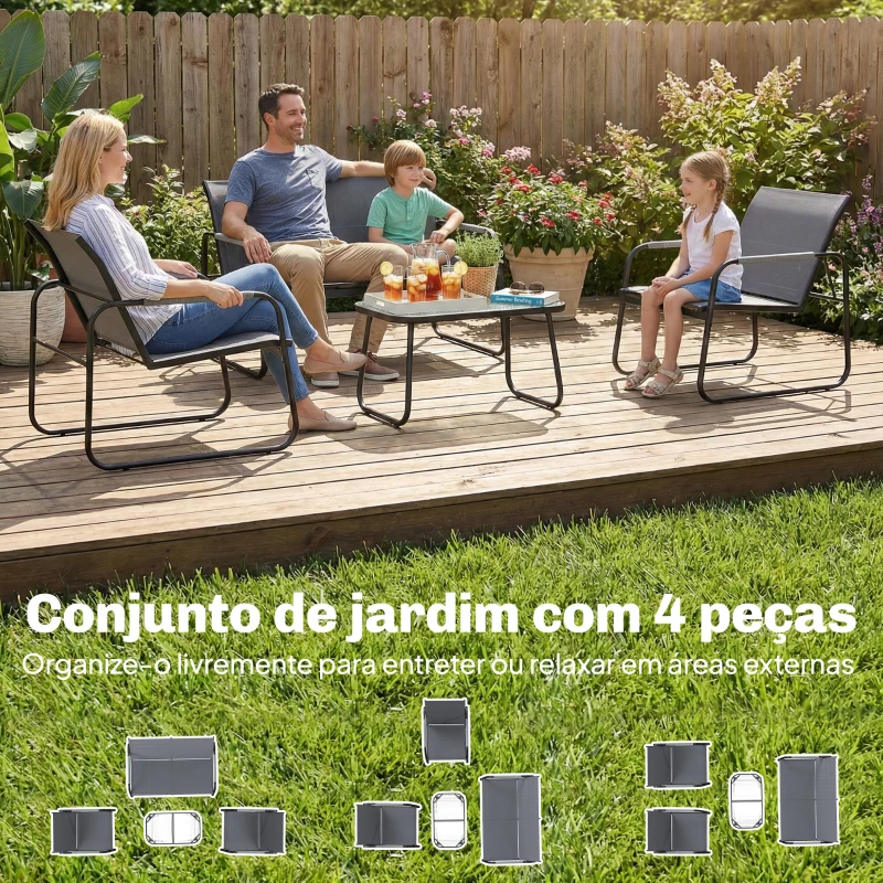 Outsunny Conjunto de Jardim Exterior com 1 Sofá de 2 Lugares 2 Poltronas e Mesa com Tampo de Vidro Temperado Textilene Respirável Cinzento