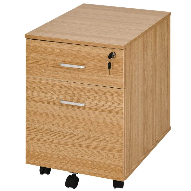 Vinsetto Cajonera de Oficina con Ruedas Mueble Archivador con 2 Cajones para Documentos en Tamaño A4 Cerradura 40x49x58cm Natural