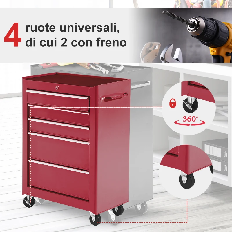 HOMCOM Carrello Porta Attrezzi 5 Cassetti con Chiave e Ruote Rosso