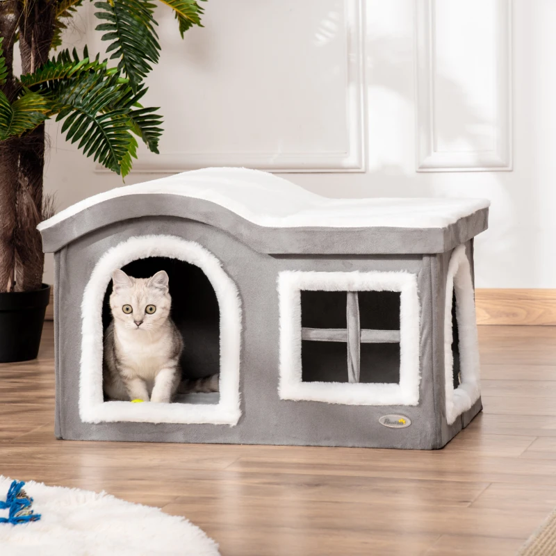 Pawhut Casetta per Gatti da Interno con 2 Entrate, Finestra e Base Antiscivolo, 63.5x37x40cm, Grigio