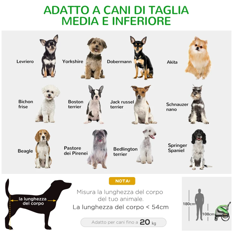 PawHut Rimorchio Bici e Passeggino per Cani 2 in 1 in Acciaio e Tessuto Oxford con Catarifrangenti, Verde
