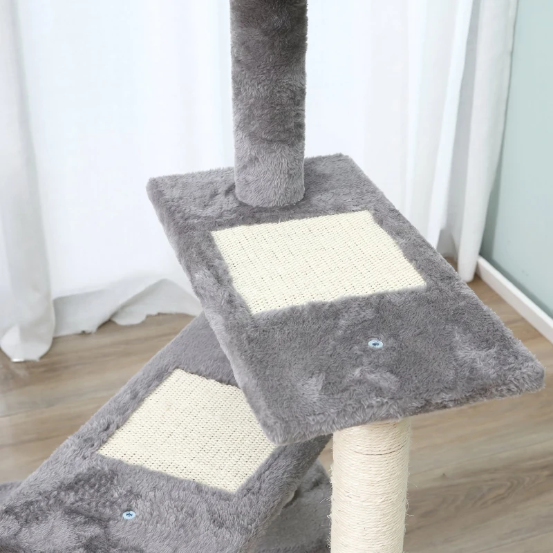 PawHut Copac pentru Pisici de 100 cm cu Pat Rotund, Stâlpi din Sisal și Acoperire de Pluș, Gri