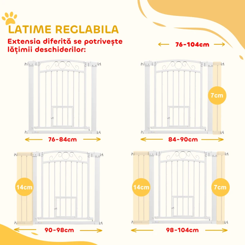 PawHut Poartă Reglabilă pentru Câini, Albă, cu Extensii, Poartă pentru Pisici și Deschidere cu o Singură Mână, 76-104x77 cm
