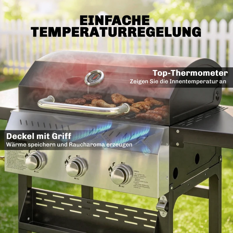 Outsunny Gasbarbecue 9 kW 3 Branders BBQ Grillwagen Roestvrij Staal incl. Uitklapbare Zijtafels Kruidenrek Onderrek 6 Haken