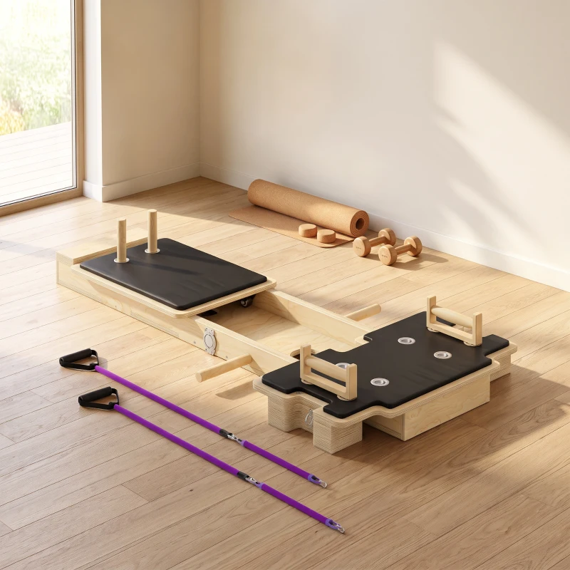 SPORTNOW Mini Reformer Pilates com Bandas de Resistência Pegas Roda Abdominal para Treino de Corpo Completo 165x80x10 cm Madeira