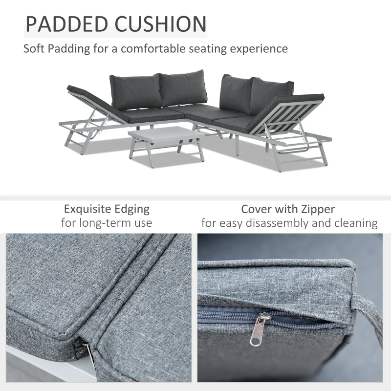 Outsunny 3 Pieces Garden Furniture Sets, 6 Seater Corner Sofa Set with Adjustable Backrest Chase Lounge with Slatted Metal Top Table, Padded Cushion, Grey