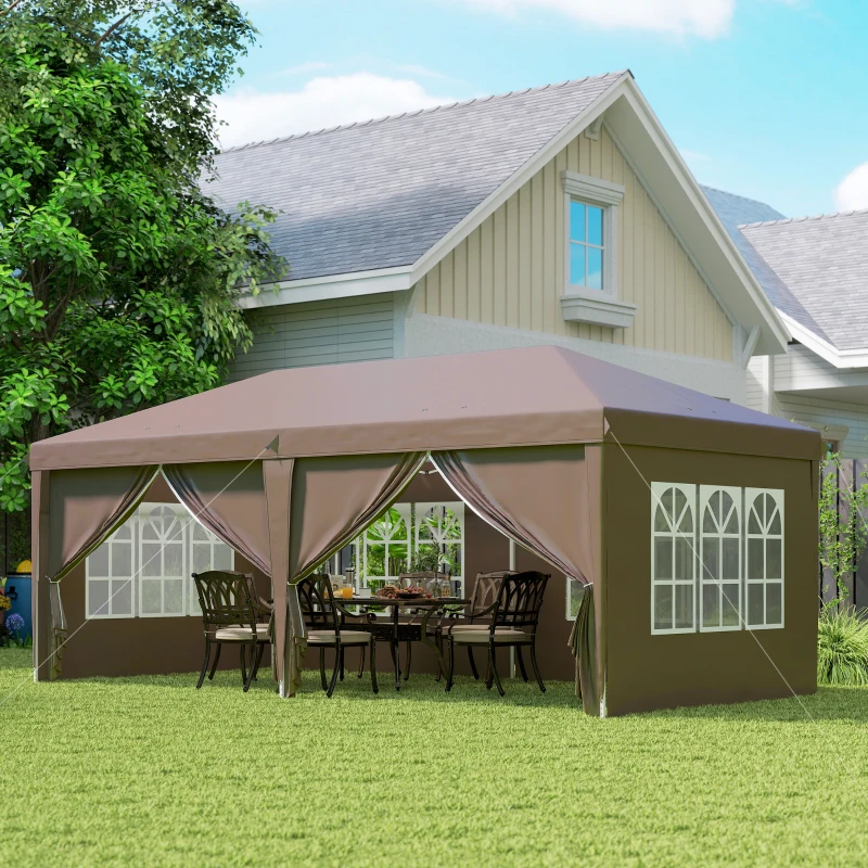 Outsunny Carpa Plegable 6x3 m Pop-up con 4 Laterales Desmontables Cenador de Jardín con 4 Ventanas y Bolsa de Transporte Café