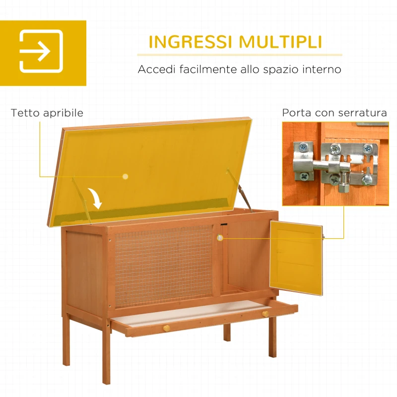 PawHut Gabbia per Coniglio in Legno di Abete, Conigliera da Esterno con Tetto Idrorepellente, Casetta Animali da Compagnia, Gabbia da Esterno, 90 x 45 x 65cm