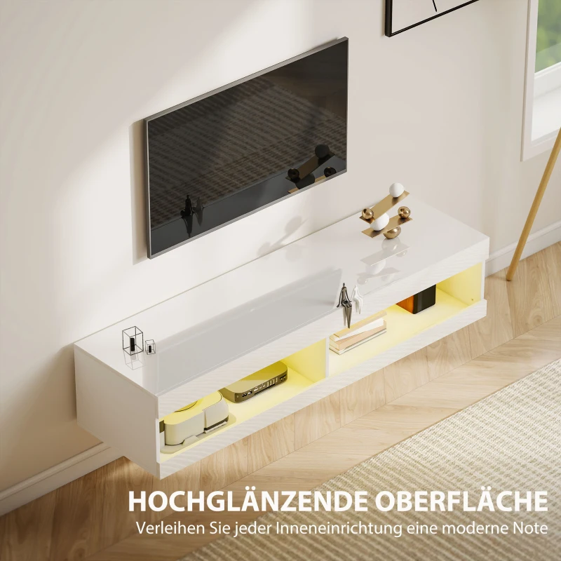 HOMCOM TV-kast, Hangend TV-lowboard met RGB LED-verlichting in 16 kleuren, TV-staander met open opbergruimte, voor 55-60 inch tv's, voor woonkamer, slaapkamer, 140 x 40 x 30 cm, Hoogglans wit