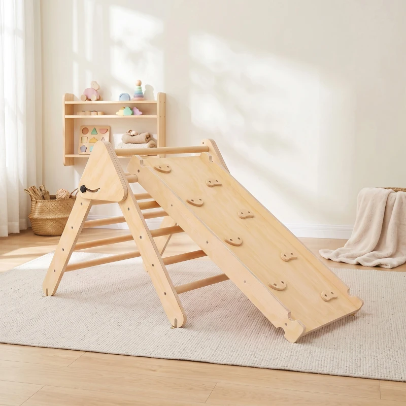 AIYAPLAY Triangle d'escalade, 3 en 1 en bois pour grimper et glisser, charge max. 50 kg, pour 18-48 mois, bois naturel