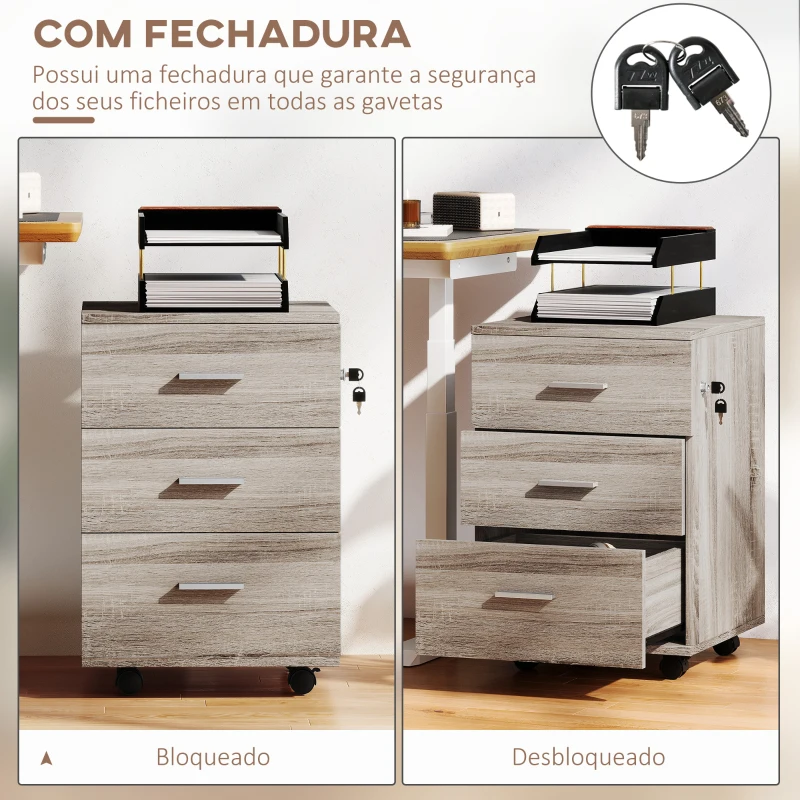 Vinsetto Bloco de Gavetas com 3 Gavetas Bloco de Gavetas de Escritório com Rodas Fechadura 2 Chaves Arquivado 40x40x61,5 cm Cinzento