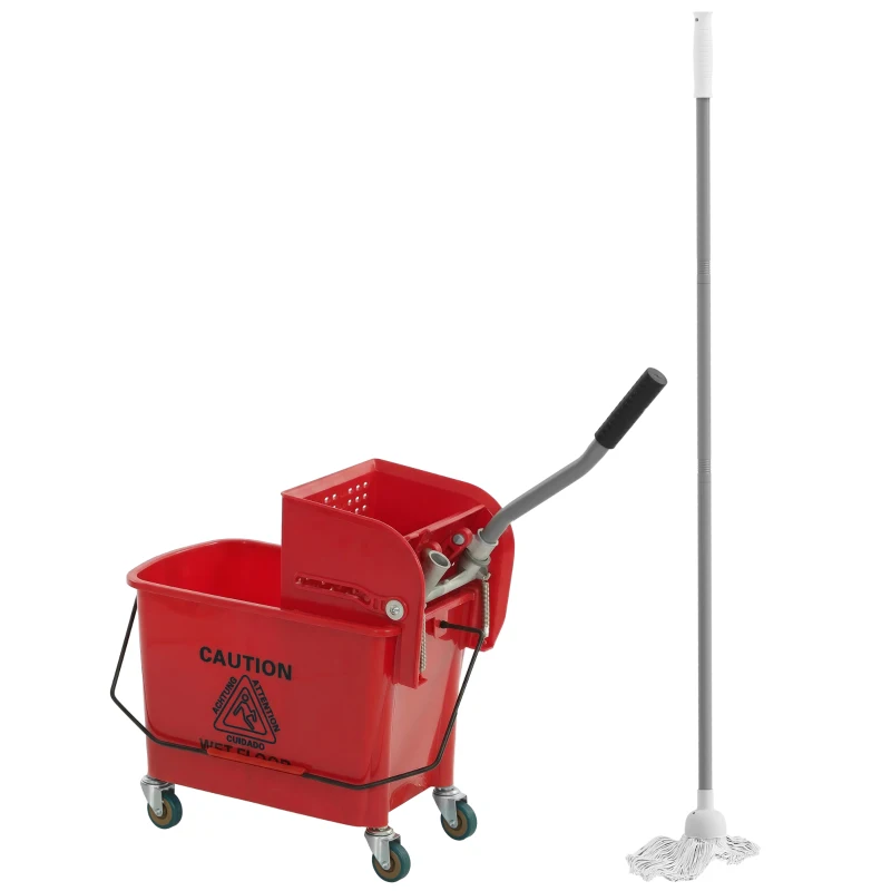 HOMCOM Balde de Limpeza com Escorredor Painel Separador e Rodas Capacidade de 20L para Limpezas Domésticas 45x26,5x70 cm Vermelho