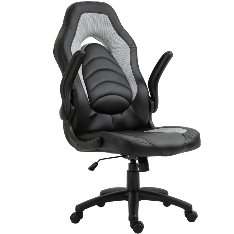 Vinsetto Gamingstuhl mit Wippfunktion höhenverstellbarer Bürostuhl ergonomischer Schreibtischstuhl Home-Office Schaumstoff Kunstleder Nylon Mesh Grau 64 x 68,5 x 117-127 cm