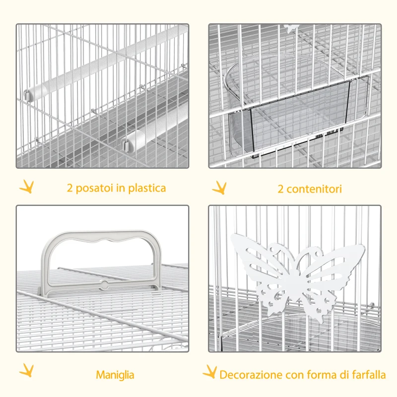 PawHut Gabbia per Uccelli in Metallo con Posatoi, Ciotole per Cibo e Maniglia, 60x41x41cm