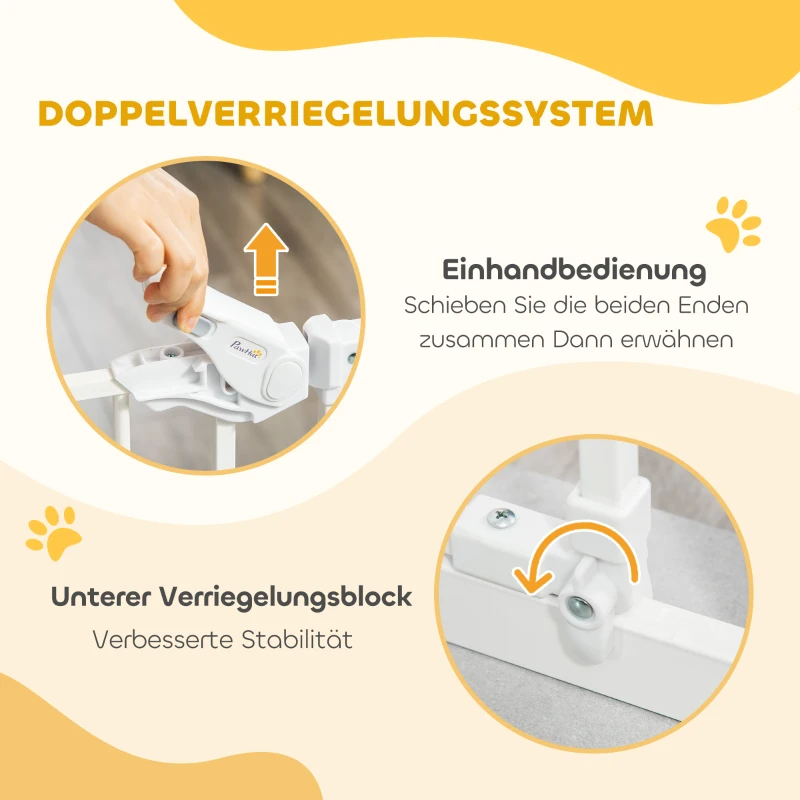 PawHut Deurhekje met Kattenluikje, Montage Zonder Boren, Variabele Breedte 74-80 cm, Met Één Hand Te Openen, Metaal, Wit