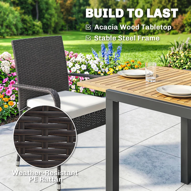 Outsunny 7 Piece Rattan Garden Furniture Set, 6 Seater Garden Table and 6 Stackable Chairs with Extendable Acacia Wood Tabletop
